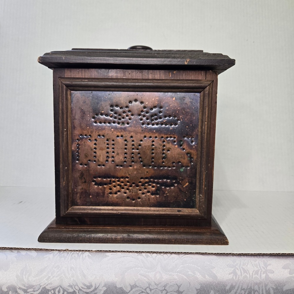 Vintage Pfaltzgraff Village Wood Cookie Jar Punched Tin Cookies Farmhouse Box